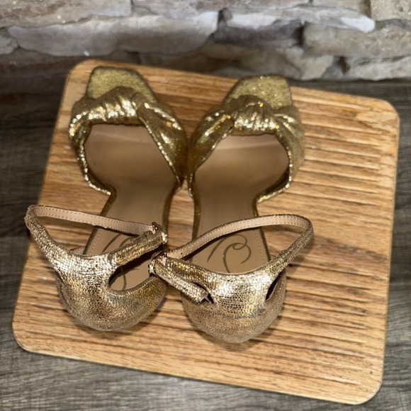 SAM EDELMAN Gold Glitter Metallic Bow High Heel Sandal Ankle Strap Women's 9 - Picture 7 of 16